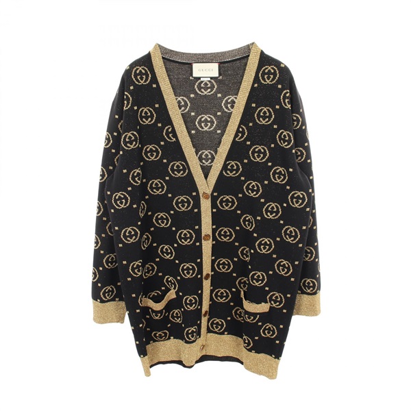 GUCCI Interlocking G cardigan knitwear #XL wool Black Gold Used Women