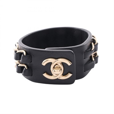 CHANEL COCO Mark Turnlock Bracelet Bangle leather Gold Plated Black Used Women