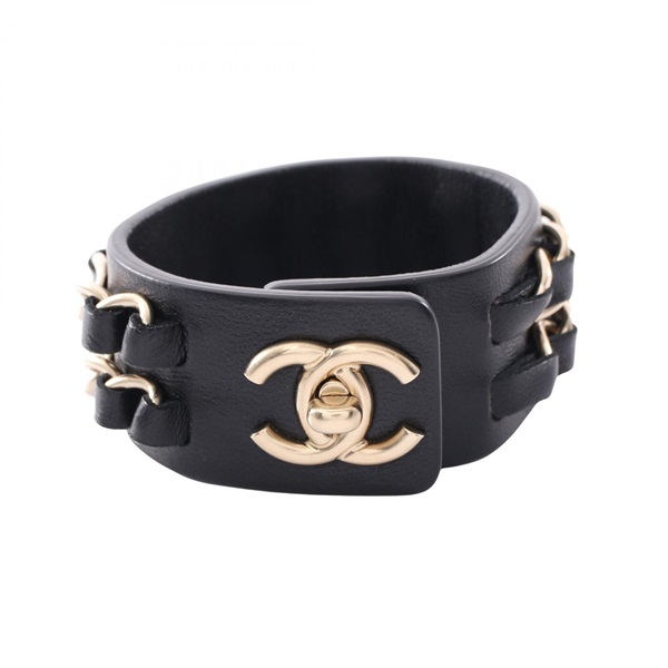 CHANEL COCO Mark Turnlock Bracelet Bangle leather Gold Plated Black Used Women