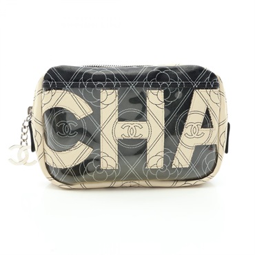 CHANEL Camellia COCO Mark Pouch Bag PVC coated canvas Black White Used Women CC