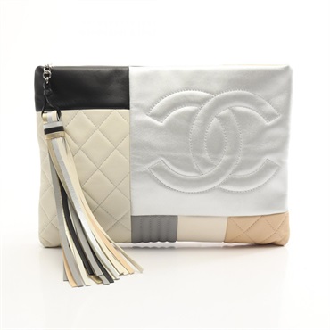 CHANEL COCO Mark Patchwork Clutch Bag Pouch Case Lamb leather Silver Black SHW