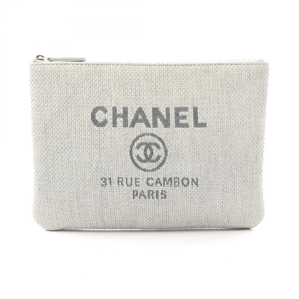CHANEL Deauville Clutch Bag Pouch Case straw Gray Women Coco CC