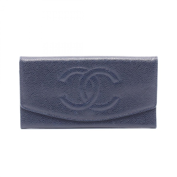 CHANEL COCO Mark Bifold purse Calfskin Navy GHW Used Women CC Logo