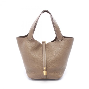 HERMES Picotin Lock MM Tote Handbag Clemence leather Etoupe Grey Used Z GHW