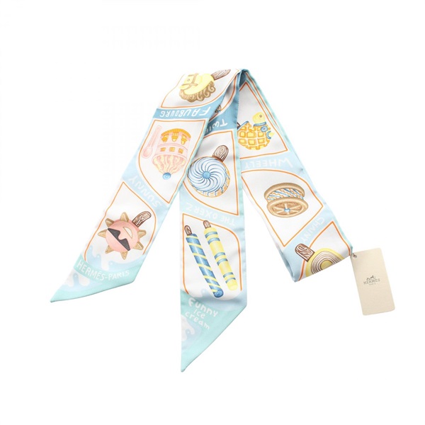 HERMES Twilly FUNNY ICE CREAM Scarf Silk Blue Multicolor Used Women