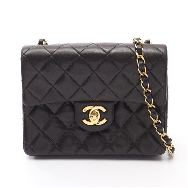 CHANEL Mini Matelasse Chain Shoulder Bag Lamb sheep leather Black Used Women GHW
