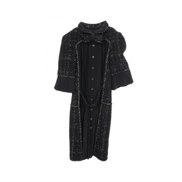 CHANEL Bijou Button Tweed Combination Pleated Dress #34 cotton wool Black Used