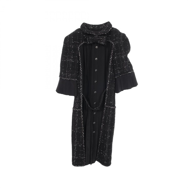CHANEL Bijou Button Tweed Combination Pleated Dress #34 cotton wool Black Used