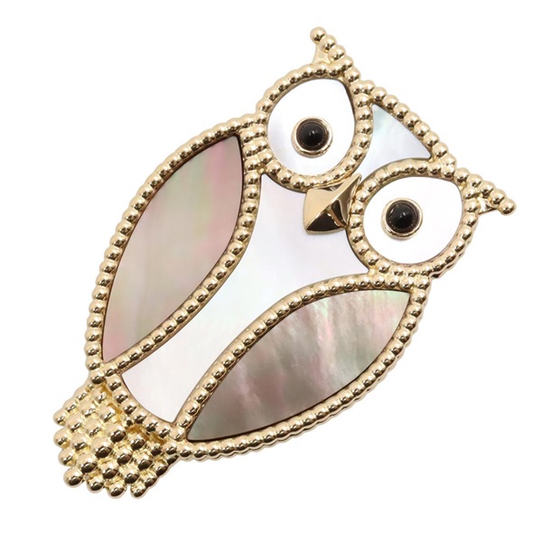 Van Cleef & Arpels Lucky Animals Owl Clip Brooch 18KYG Yellow Gold Onyx MOP used