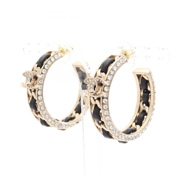 CHANEL COCO Mark hoop Pierced earrings Gold Plated Rhinestone Black Used Women