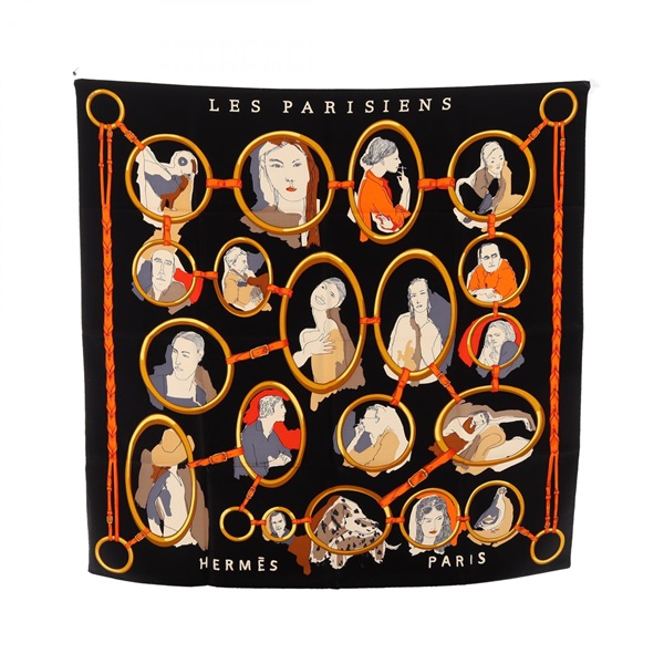 HERMES Carre 90 LES PARISIENS Scarf Wrap Stole silk Black Multicolor Used Women