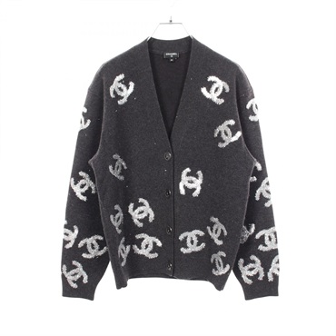CHANEL COCO Mark Glitter Logo Cardigan #34 P72997K10494 cashmere Gray Used CC