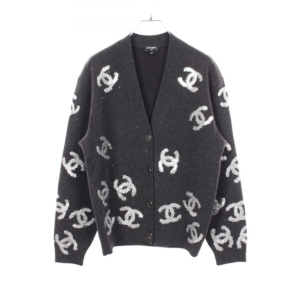 CHANEL COCO Mark Glitter Logo Cardigan #34 P72997K10494 cashmere Gray Used CC