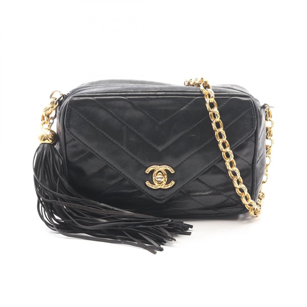 CHANEL V-stitch chevron Chain Shoulder Bag Lamb leather Black Used Women GHW CC