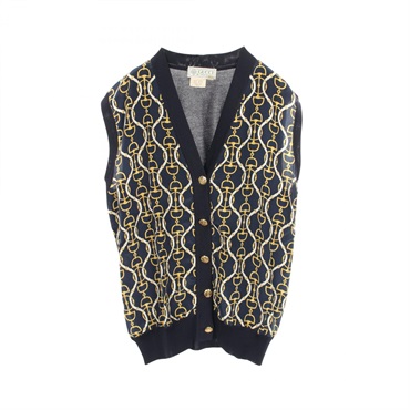 GUCCI Horsebit All over print Vest Sleeveless Sweater silk Navy Yellow Used #S