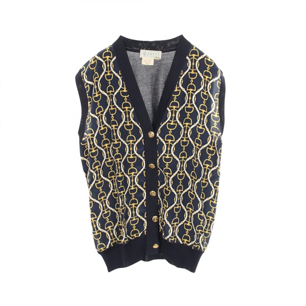 GUCCI Horsebit All over print Vest Sleeveless Sweater silk Navy Yellow Used #S