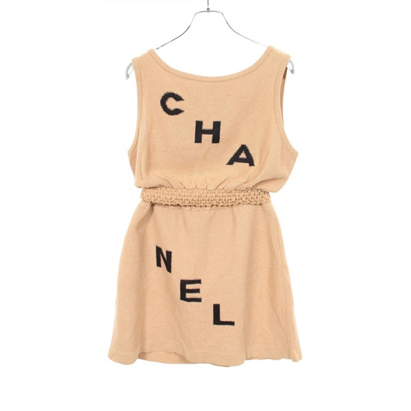 CHANEL Logo Knitwear Sleeveless Tank top Skirt Setup #40 Rayon Beige Used Women