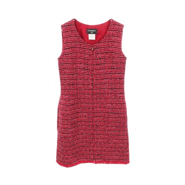CHANEL COCO Mark Tweed Sleeveless Dress #40 wool Rayon Red Used Women CC