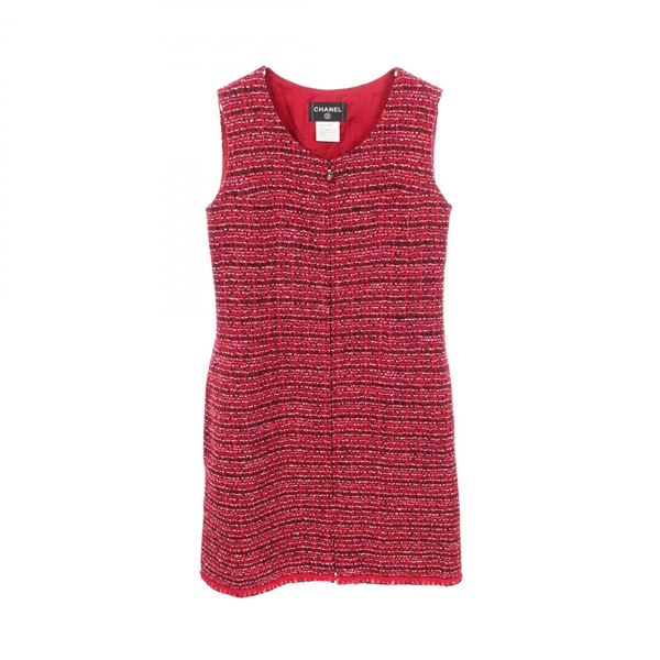 CHANEL COCO Mark Tweed Sleeveless Dress #40 wool Rayon Red Used Women CC