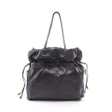 PRADA NAPPA ANTIQUE Drawstring Tote Shoulder Bag leather Black Used Women