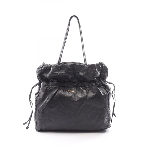 PRADA NAPPA ANTIQUE Drawstring Tote Shoulder Bag leather Black Used Women