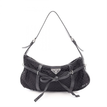 PRADA Triangle logo mesh Shoulder hand Bag Nylon leather Black Used Women