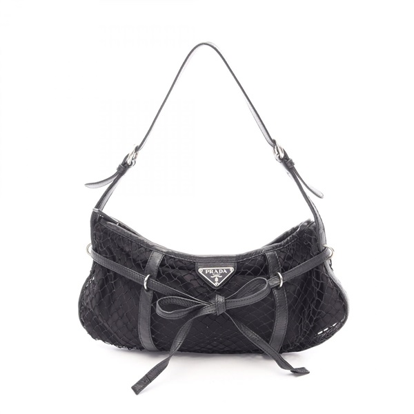 PRADA Triangle logo mesh Shoulder hand Bag Nylon leather Black Used Women