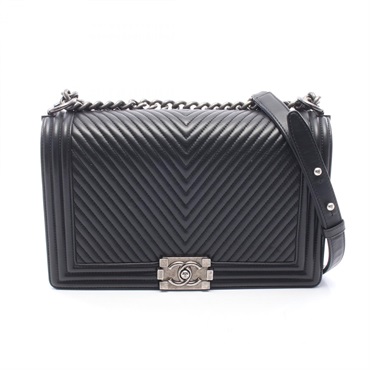CHANEL Boy Chanel Large Chevron V Stitch Shoulder Bag Lamb leather Black Used CC