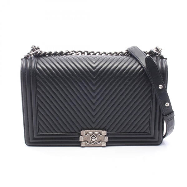 CHANEL Boy Chanel Large Chevron V Stitch Shoulder Bag Lamb leather Black Used CC
