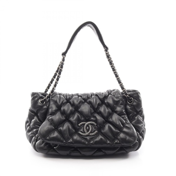 CHANEL Bubble Quilt Chain Shoulder Handbag Lamb leather Black SHW Used Coco CC