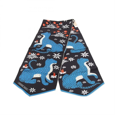 HERMES ECHARPE DE SOIE LES LEOPARDS Scarf Wrap silk Black Blue Preowned Women