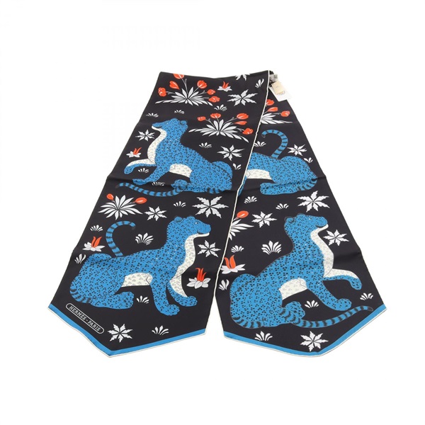 HERMES ECHARPE DE SOIE LES LEOPARDS Scarf Wrap silk Black Blue Preowned Women