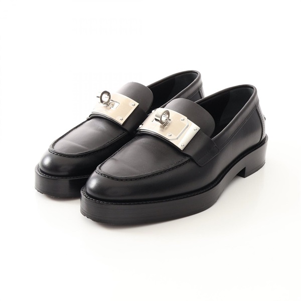HERMES Hot Kelly Buckle Leather Loafers Shoes #35 leather Black Women