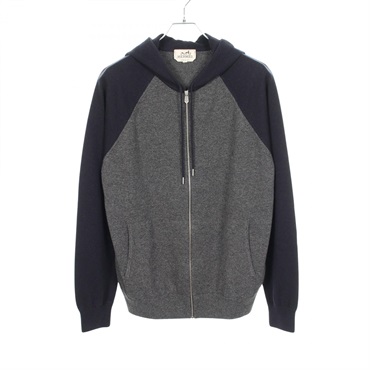 HERMES Knitwear Hoodie Sweatshirt cashmere Gray Navy Used Women size L