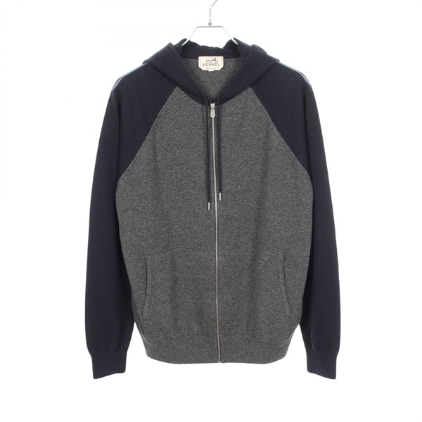 HERMES Knitwear Hoodie Sweatshirt cashmere Gray Navy Used Women size L