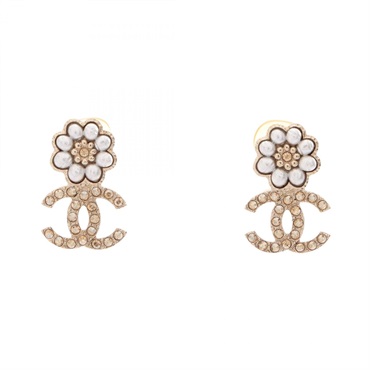 CHANEL COCO Mark Flower Earring Gold Plated Artificial pearl Rhinestone Used CC