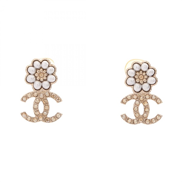 CHANEL COCO Mark Flower Earring Gold Plated Artificial pearl Rhinestone Used CC