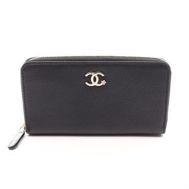 CHANEL COCO Mark Zip Around Long Wallet Purse leather Black GHW Used Women CC