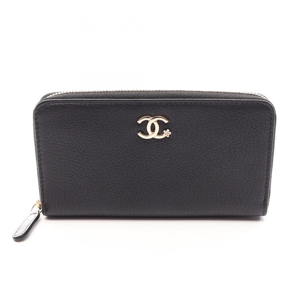 CHANEL COCO Mark Zip Around Long Wallet Purse leather Black GHW Used Women CC