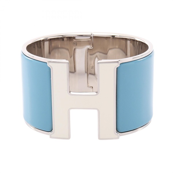HERMES Click Clack TGM Bangle Bracelet Metal Enamel Blue White Used Women