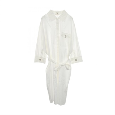 HERMES Chaine d'ancre Long sleeved Shirt Dress #42 cotton White Used Women