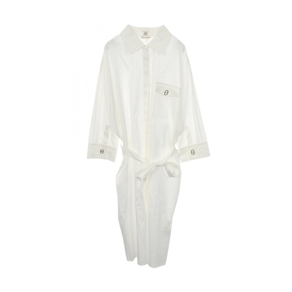 HERMES Chaine d'ancre Long sleeved Shirt Dress #42 cotton White Used Women