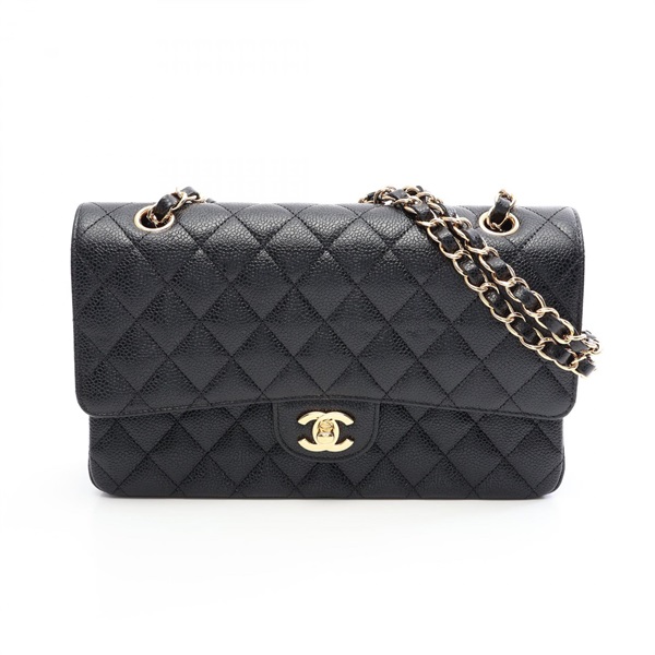 CHANEL Matelasse W flap chain Shoulder hand Bag leather Black Used Women GHW