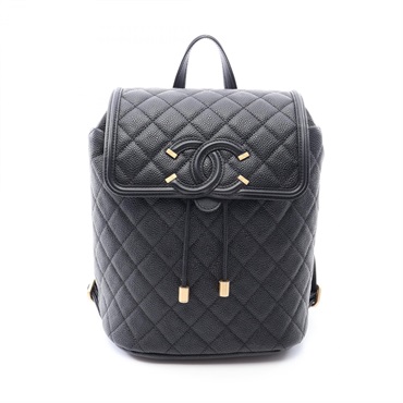 CHANEL CC filigree Rucksack Backpack Calfskin leather Black Used Women GHW