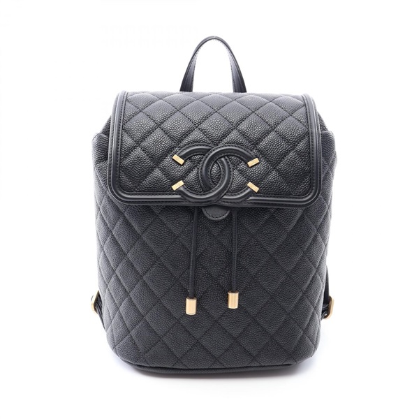 CHANEL CC filigree Rucksack Backpack Calfskin leather Black Used Women GHW