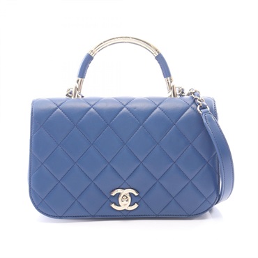 CHANEL Matelasse Top Handle chain Shoulder hand Bag Lambskin Blue Used Women GHW