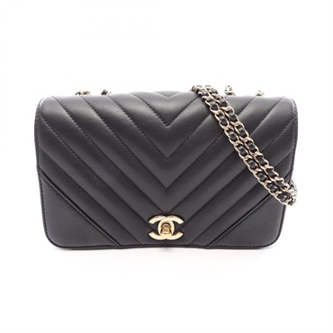 CHANEL Chevron V Stitch chain Shoulder hand Bag Lambskin Black Used Women GHW