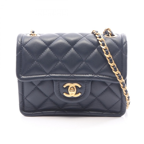 CHANEL Matelasse chain crossbody Shoulder hand Bag leather Navy Used Women GHW