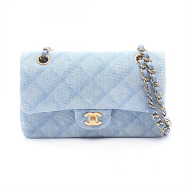 CHANEL Matelasse W flap chain Shoulder Bag A01113 denim leather Blue Used GHW