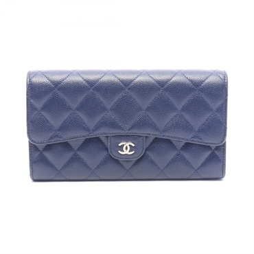 CHANEL Matelasse Bifold purse wallet Calfskin leather Navy Used Women SHW